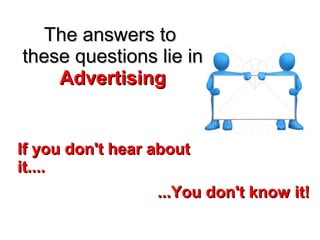 The answers toThe answers to
these questions lie inthese questions lie in
AdvertisingAdvertising
If you don't hear aboutIf you don't hear about
it....it....
...You don't know it!...You don't know it!
 