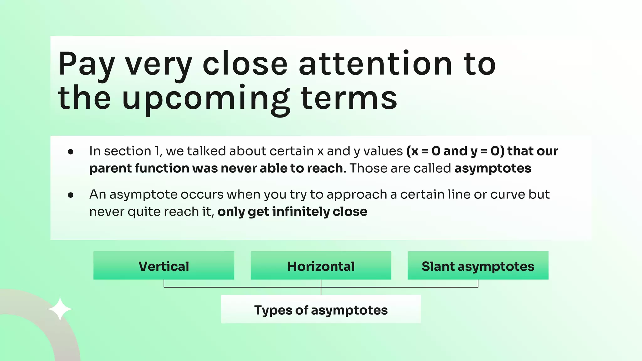 Pay very close attention to
the upcoming terms
● In section 1, we talked about certain x and y values (x = 0 and y = 0) that our
parent function was never able to reach. Those are called asymptotes
● An asymptote occurs when you try to approach a certain line or curve but
never quite reach it, only get infinitely close
Types of asymptotes
Vertical Horizontal Slant asymptotes
 