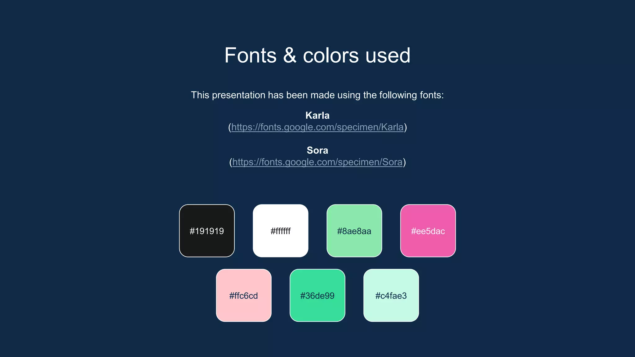 This presentation has been made using the following fonts:
Karla
(https://fonts.google.com/specimen/Karla)
Sora
(https://fonts.google.com/specimen/Sora)
Fonts & colors used
#191919 #ffffff #8ae8aa #ee5dac
#36de99 #c4fae3
#ffc6cd
 