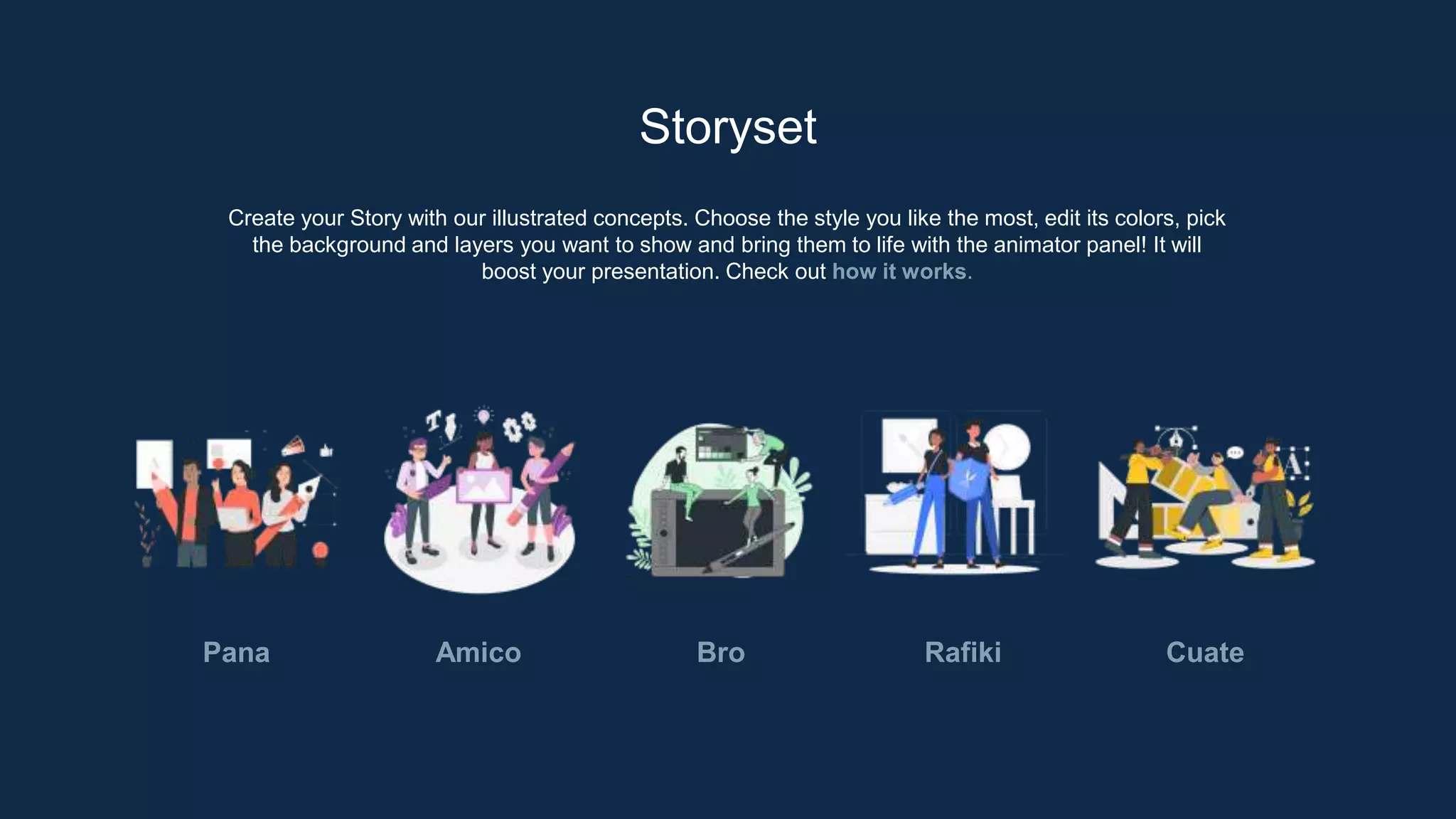 Create your Story with our illustrated concepts. Choose the style you like the most, edit its colors, pick
the background and layers you want to show and bring them to life with the animator panel! It will
boost your presentation. Check out how it works.
Storyset
Pana Amico Bro Rafiki Cuate
 