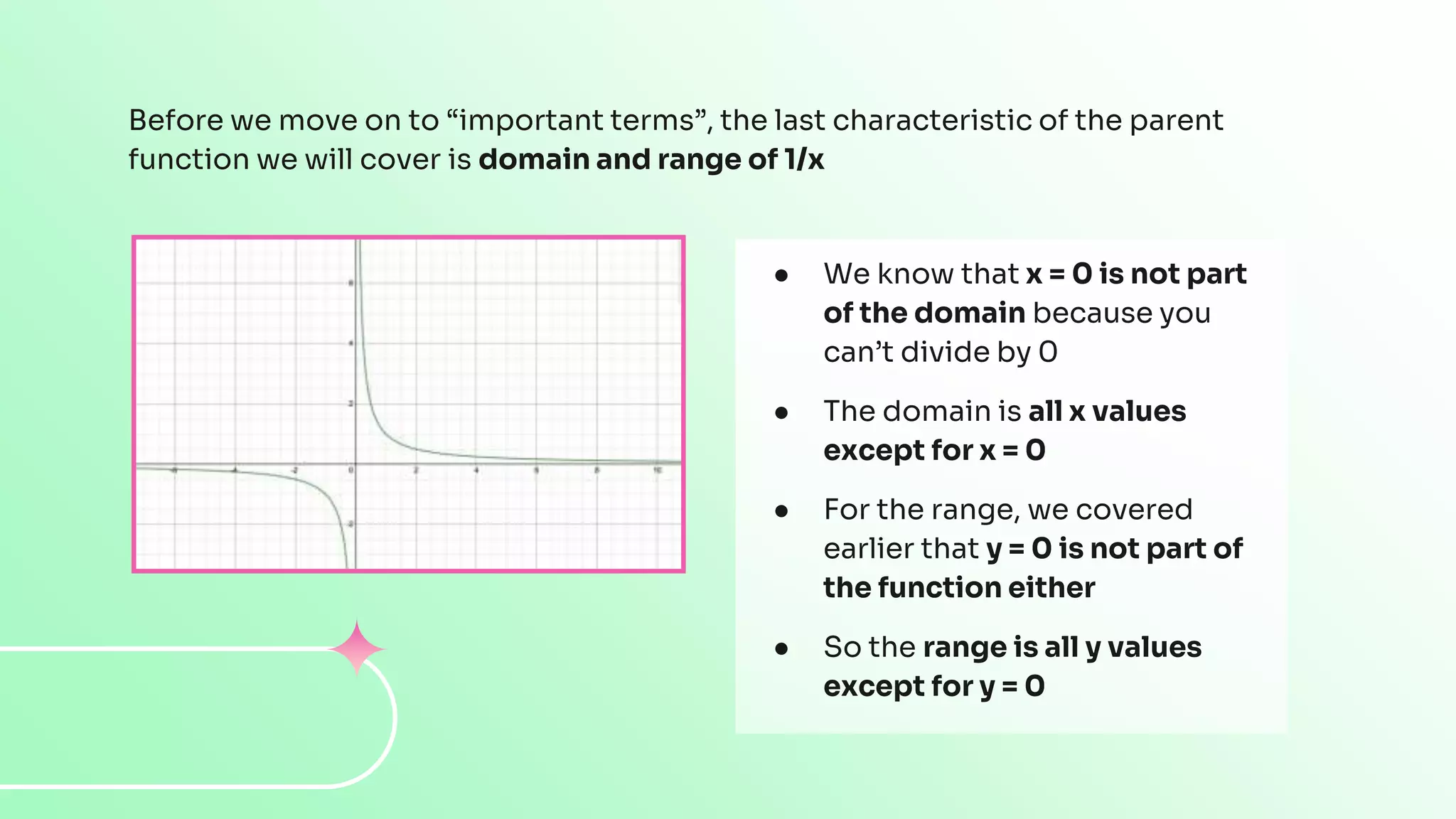 Before we move on to “important terms”, the last characteristic of the parent
function we will cover is domain and range of 1/x
● We know that x = 0 is not part
of the domain because you
can’t divide by 0
● The domain is all x values
except for x = 0
● For the range, we covered
earlier that y = 0 is not part of
the function either
● So the range is all y values
except for y = 0
 