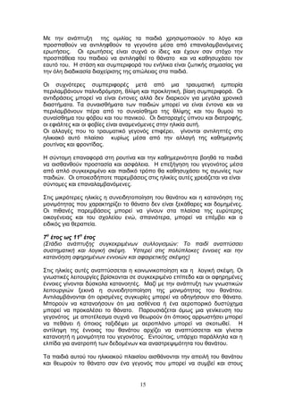 15
Με ηελ αλάπηπμε ηεο νκηιίαο ηα παηδηά ρξεζηκνπνηνχλ ην ιφγν θαη
πξνζπαζνχλ λα αληηιεθζνχλ ηα γεγνλφηα κέζα απφ επαλαιακβαλφκελεο
εξσηήζεηο. Οη εξσηήζεηο είλαη ζπρλά νη ίδηεο θαη έρνπλ ζαλ ζηφρν ηελ
πξνζπάζεηα ηνπ παηδηνχ λα αληηιεθζεί ην ζάλαην θαη λα θαζεζπράζεη ηνλ
εαπηφ ηνπ. Η ζηάζε θαη ζπκπεξηθνξά ηνπ ελήιηθα είλαη δσηηθήο ζεκαζίαο γηα
ηελ φιε δηαδηθαζία δηαρείξηζεο ηεο απψιεηαο ζηα παηδηά.
Οη ζπρλφηεξεο ζπκπεξηθνξέο κεηά απφ κηα ηξαπκαηηθή εκπεηξία
πεξηιακβάλνπλ παιηλδξφκεζε, ζιίςε θαη πξνθιεηηθή, βίαηε ζπκπεξηθνξά. Οη
αληηδξάζεηο κπνξεί λα είλαη έληνλεο αιιά δελ δηαξθνχλ γηα κεγάια ρξνληθά
δηαζηήκαηα. Τα ζπλαηζζήκαηα ησλ παηδηψλ κπνξεί λα είλαη έληνλα θαη λα
πεξηιακβάλνπλ πέξα απφ ην ζπλαίζζεκα ηεο ζιίςεο θαη ηνπ ζπκνχ ην
ζπλαίζζεκα ηνπ θφβνπ θαη ηνπ παληθνχ. Οη δηαηαξαρέο χπλνπ θαη δηαηξνθήο,
νη εθηάιηεο θαη νη θνβίεο είλαη αλακελφκελεο ζηελ ειηθία απηή.
Οη αιιαγέο πνπ ην ηξαπκαηηθφ γεγνλφο επηθέξεη, γίλνληαη αληηιεπηέο ζην
ειηθηαθφ απηφ πιαίζην θπξίσο κέζα απφ ηελ αιιαγή ηεο θαζεκεξηλήο
ξνπηίλαο θαη θξνληίδαο.
Η ζχληνκε επαλαθνξά ζηε ξνπηίλα θαη ηελ θαζεκεξηλφηεηα βνεζά ηα παηδηά
λα αηζζαλζνχλ πξνζηαζία θαη αζθάιεηα. Η επεμήγεζε ηνπ γεγνλφηνο κέζα
απφ απιφ ζπγθεθξηκέλν θαη παηδηθφ ηξφπν ζα θαζεζπράζεη ηηο αγσλίεο ησλ
παηδηψλ. Οη νπνηεζδήπνηε παξεκβάζεηο ζηηο ειηθίεο απηέο ρξεηάδεηαη λα είλαη
ζχληνκεο θαη επαλαιακβαλφκελεο.
Σηηο κηθξφηεξεο ειηθίεο ε ζπλεηδεηνπνίεζε ηνπ ζαλάηνπ θαη ε θαηαλφεζε ηεο
κνληκφηεηαο πνπ ραξαθηεξίδεη ην ζάλαην δελ είλαη μεθάζαξεο θαη δνκεκέλεο.
Οη πηζαλέο παξεκβάζεηο κπνξεί λα γίλνπλ ζηα πιαίζηα ηεο επξχηεξεο
νηθνγέλεηαο θαη ηνπ ζρνιείνπ ελψ, ζπαληφηεξα, κπνξεί λα επέκβεη θαη ν
εηδηθφο γηα ζεξαπεία.
7ο
έτος ως 11ο
έτος
(Σηάδην αλάπηπμεο ζπγθεθξηκέλσλ ζπιινγηζκψλ: Τν παηδί αλαπηχζζεη
ζπζηεκαηηθή θαη ινγηθή ζθέςε. Υζηεξεί ζηηο πνιχπινθεο έλλνηεο θαη ηελ
θαηαλφεζε αθεξεκέλσλ ελλνηψλ θαη αθαηξεηηθήο ζθέςεο)
Σηηο ειηθίεο απηέο αλαπηχζζεηαη ε θνηλσληθνπνίεζε θαη ε ινγηθή ζθέςε. Οη
γλσζηηθέο ιεηηνπξγίεο βξίζθνληαη ζε ζπγθεθξηκέλν επίπεδν θαη νη αθεξεκέλεο
έλλνηεο γίλνληαη δχζθνια θαηαλνεηέο. Μαδί κε ηελ αλάπηπμε ησλ γλσζηηθψλ
ιεηηνπξγηψλ μεθηλά ε ζπλεηδεηνπνίεζε ηεο κνληκφηεηαο ηνπ ζαλάηνπ.
Αληηιακβάλνληαη φηη νξηζκέλεο ζπγθπξίεο κπνξεί λα νδεγήζνπλ ζην ζάλαην.
Μπνξνχλ λα θαηαλνήζνπλ φηη κηα αζζέλεηα ή έλα αεξνπνξηθφ δπζηχρεκα
κπνξεί λα πξνθαιέζεη ην ζάλαην. Παξνπζηάδεηαη φκσο κηα γελίθεπζε ηνπ
γεγνλφηνο κε απνηέιεζκα ζπρλά λα ζεσξνχλ φηη φπνηνο αξξσζηήζεη κπνξεί
λα πεζάλεη ή φπνηνο ηαμηδέςεη κε αεξνπιάλν κπνξεί λα ζθνησζεί. Η
αληίιεςε ηεο έλλνηαο ηνπ ζαλάηνπ αξρίδεη λα αλαπηχζζεηαη θαη γίλεηαη
θαηαλνεηή ε κνληκφηεηα ηνπ γεγνλφηνο. Δληνχηνηο, ππάξρεη παξάιιεια θαη ε
ειπίδα γηα αλαηξνπή ησλ δεδνκέλσλ θαη αλαζηξεςηκφηεηα ηνπ ζαλάηνπ.
Τα παηδηά απηνχ ηνπ ειηθηαθνχ πιαηζίνπ αηζζάλνληαη ηελ απεηιή ηνπ ζαλάηνπ
θαη ζεσξνχλ ην ζάλαην ζαλ έλα γεγνλφο πνπ κπνξεί λα ζπκβεί θαη ζηνπο
 