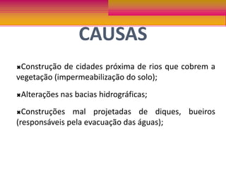Construções mal projetadas de diques, bueiros (responsáveis pela evacuação das águas);Depósito de lixo em vias públicas, com a força das águas são arrastadas, causando entupimento das saídas de água.