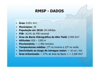 RMSP - DADOS
•  Área: 8.051 Km²
•  Municípios: 39
•  População em 2010: 20 milhões
•  PIB: 18,5% do PIB nacional
•  Área da Bacia Hidrográfica do Alto Tietê: 5.950 Km²
•  Altitudes: 620 – 1200 m
•  Pluviometria: ~ 1.400 mm/ano
•  Temperaturas médias: 17º no inverno e 23º no verão
•  Declividade ao longo do talvegue maior: ~ 16 cm / km
•  Área Urbanizada: ~ 37% da área da Bacia = ~ 2.200 Km²
 