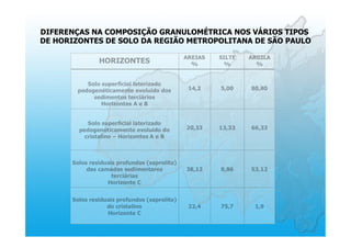 DIFERENÇAS NA COMPOSIÇÃO GRANULOMÉTRICA NOS VÁRIOS TIPOS
DE HORIZONTES DE SOLO DA REGIÃO METROPOLITANA DE SÃO PAULO
 