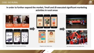 CASE: GO RURAL
In order to further expand the market, Tmall and JD executed significant marketing
activities in rural areas
Heart wrenching series of posters and H5 story H5 game to win tickets home Two chartered trains to sent people home
103
 