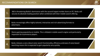 1.
2.
3.
4.
RECOMMENDATIONS ON SEARCH
360 is threatening Baidu’s dominance with the second largest market share on PC. Baidu still
secures its absolute leading position when combined with their mobile search offering.
Baidu releases a very robust voice search functionality, efficiency and ease of voice based
searching means this is expected to gain popularity very quickly.
Shema gaining popularity on mobile. This is Alibaba’s mobile search engine and particularly
important for ecommerce players.
Baidu increasingly offers highly tailored, interactive and rich advertising formats to
advertisers.
112
 