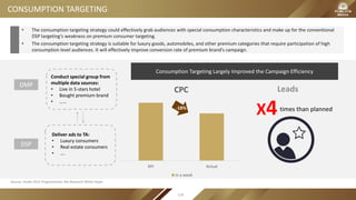 CONSUMPTION TARGETING
• The consumption targeting strategy could effectively grab audiences with special consumption characteristics and make up for the conventional
DSP targeting’s weakness on premium consumer targeting.
• The consumption targeting strategy is suitable for luxury goods, automobiles, and other premium categories that require participation of high
consumption level audiences. It will effectively improve conversion rate of premium brand’s campaign.
Consumption Targeting Largely Improved the Campaign Efficiency
KPI Actual
CPC
in a week
-18%
Source: VivaKi 2015 Programmatic Ads Research White Paper
Leads
X4times than planned
DMP
DSP
Conduct special group from
multiple data sources:
• Live in 5-stars hotel
• Bought premium brand
• ……
Deliver ads to TA:
• Luxury consumers
• Real estate consumers
• ….
118
 