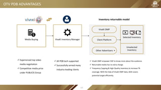 OTV PDB ADVANTAGES
Media Buying VivaKi Inventory Manager
Selected Inventory
Unselected
Inventory
Client Platform
VivaKi DMP
Other Advertisers
 Experienced top video
media negotiation
 Competitive media price
under PUBLICIS Group
 All PDB tech supported
 Successfully served many
industry-leading clients
 VivaKi DMP empower DSP to know more about the audience.
 Returnable media has no extra charge.
 Frequency Capping & High-Quality inventory to increase TA
coverage. With the help of VivaKi DMP data, AOD covers
potential target efficiently.
Inventory returnable model
122
 
