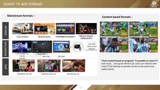 SMART TV ADS FORMAT
Mainstream formats： Content based formats：
“Push content based on programs "is possible on smart TV
Case study：during the World Cup, users can interact with
smart TV by betting on penalty results to win prizes and
collect points.
DISPLAYINTERACTIONEPG
Brand zoneFull screen FrontPage/menu/portal VOD pre-roll/post-
roll/pause/exit
Navigation bar ad Channel menu ad Volume bar ad
QR code
Link with
other smart
devices
Mini siteCorner
banner
32
 