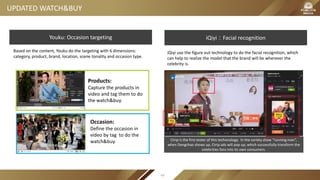 UPDATED WATCH&BUY
Youku: Occasion targeting iQiyi：Facial recognition
iQiyi use the figure out technology to do the facial recognition, which
can help to realize the model that the brand will be wherever the
celebrity is.
Based on the content, Youku do the targeting with 6 dimensions:
category, product, brand, location, scene tonality and occasion type.
Ctrip is the first tester of this techonology. In the variety show “running man”,
when Dengchao shows up, Ctrip ads will pop up, which successfully transform the
celebrities fans into its own consumers.
Products:
Capture the products in
video and tag them to do
the watch&buy.
Occasion:
Define the occasion in
video by tag to do the
watch&buy.
49
 