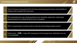 Smart TV shows strong potential for the future with growing penetration and possibility of
programmatic buying in the near future.1.
OTV ads blocking has seen steady growth this year, therefore, advertisers need to look
beyond exposure on traditional spots such as in-program.2.
OTV is incorporating E-commerce with its sales led and branding enabled content.3.
Bullet screen （弹幕） makes OTV viewing part of social experience. Advertisers can use
it to build WOM.4.
RECOMMENDATION ON TV & OTV
53
 