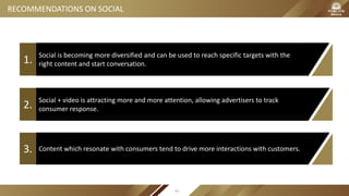 Social is becoming more diversified and can be used to reach specific targets with the
right content and start conversation.1.
Social + video is attracting more and more attention, allowing advertisers to track
consumer response.2.
Content which resonate with consumers tend to drive more interactions with customers.3.
RECOMMENDATIONS ON SOCIAL
63
 