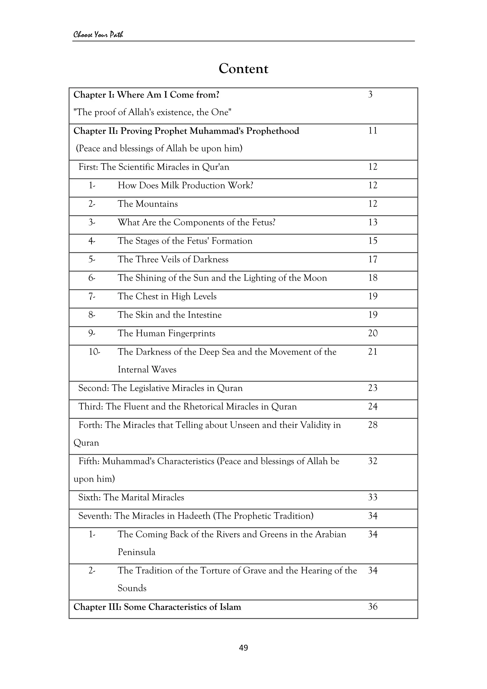 Choose Your Path
49 
 
Content
Chapter I: Where Am I Come from?
"The proof of Allah's existence, the One"
3
Chapter II: Proving Prophet Muhammad's Prophethood
(Peace and blessings of Allah be upon him)
11
First: The Scientific Miracles in Qur'an 12
1- How Does Milk Production Work? 12
2- The Mountains 12
3- What Are the Components of the Fetus? 13
4- The Stages of the Fetus' Formation 15
5- The Three Veils of Darkness 17
6- The Shining of the Sun and the Lighting of the Moon 18
7- The Chest in High Levels 19
8- The Skin and the Intestine 19
9- The Human Fingerprints 20
10- The Darkness of the Deep Sea and the Movement of the
Internal Waves
21
Second: The Legislative Miracles in Quran 23
Third: The Fluent and the Rhetorical Miracles in Quran 24
Forth: The Miracles that Telling about Unseen and their Validity in
Quran
28
Fifth: Muhammad's Characteristics (Peace and blessings of Allah be
upon him)
32
Sixth: The Marital Miracles 33
Seventh: The Miracles in Hadeeth (The Prophetic Tradition) 34
1- The Coming Back of the Rivers and Greens in the Arabian
Peninsula
34
2- The Tradition of the Torture of Grave and the Hearing of the
Sounds
34
Chapter III: Some Characteristics of Islam 36
 