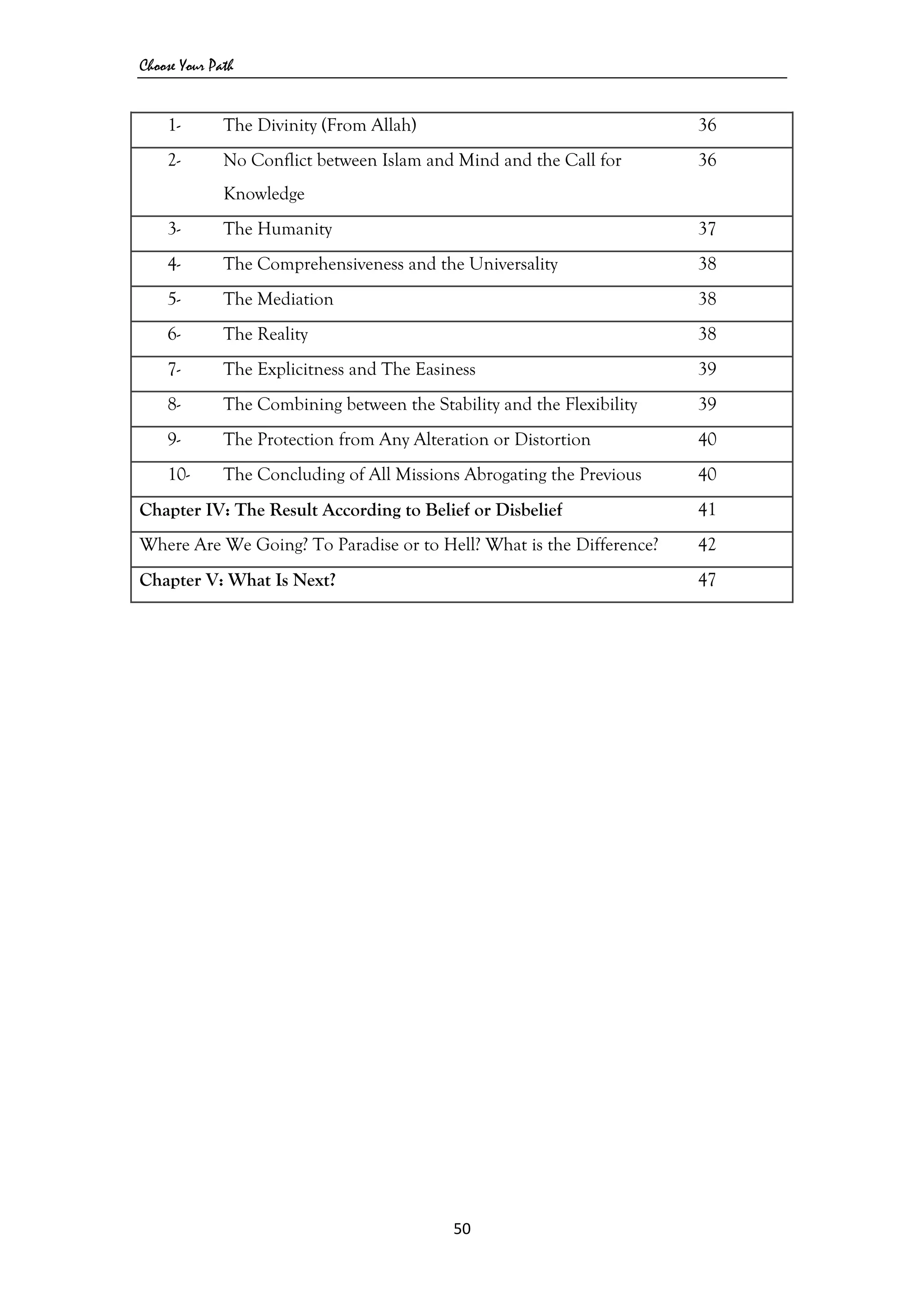 Choose Your Path
50 
 
1- The Divinity (From Allah) 36
2- No Conflict between Islam and Mind and the Call for
Knowledge
36
3- The Humanity 37
4- The Comprehensiveness and the Universality 38
5- The Mediation 38
6- The Reality 38
7- The Explicitness and The Easiness 39
8- The Combining between the Stability and the Flexibility 39
9- The Protection from Any Alteration or Distortion 40
10- The Concluding of All Missions Abrogating the Previous 40
Chapter IV: The Result According to Belief or Disbelief 41
Where Are We Going? To Paradise or to Hell? What is the Difference? 42
Chapter V: What Is Next? 47
 