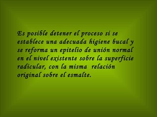 Es posible detener el proceso si se establece una adecuada higiene bucal y se reforma un epitelio de unión normal en el nivel existente sobre la superficie radicular, con la misma  relación original sobre el esmalte. 