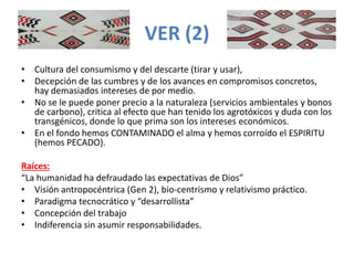 VER (2)
• Cultura del consumismo y del descarte (tirar y usar),
• Decepción de las cumbres y de los avances en compromisos concretos,
hay demasiados intereses de por medio.
• No se le puede poner precio a la naturaleza (servicios ambientales y bonos
de carbono), critica al efecto que han tenido los agrotóxicos y duda con los
transgénicos, donde lo que prima son los intereses económicos.
• En el fondo hemos CONTAMINADO el alma y hemos corroído el ESPIRITU
(hemos PECADO).
Raíces:
“La humanidad ha defraudado las expectativas de Dios”
• Visión antropocéntrica (Gen 2), bio-centrismo y relativismo práctico.
• Paradigma tecnocrático y “desarrollista”
• Concepción del trabajo
• Indiferencia sin asumir responsabilidades.
 