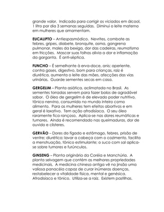 grande valor. Indicada para corrigir os viciados em álcool,
1 litro por dia 3 semanas seguidas. Diminui o leite materno
em mulheres que amamentam.

EUCALIPTO – Antiespasmódico. Nevrites, combate as
febres, gripes, diabete, bronquite, asma, gangrena
pulmonar, males da bexiga, dor das cadeiras, reumatismo
em fricções. Mascar suas folhas alivia a dor e inflamação
da garganta. É anti-séptica.

FUNCHO – É semelhante à erva-doce, anis; aperiente,
contra gases, digestivo, bom para crianças, raiz é
diurética, aumenta o leite das mães, afecções das vias
urinárias. Guarde sementes secas em casa.

GERGELIM – Planta asiática, aclimatada no Brasil. As
sementes torradas servem para fazer bolos de agradável
sabor. O óleo de gergelim é de elevado poder nutritivo,
tônico nervino, consumido no mundo inteiro como
alimento. Para as mulheres tem efeitos abortivos e em
geral é laxativo. Tem ação afrodisíaca. O seu óleo
raramente fica rançoso. Aplica-se nas dores reumáticas e
tumores. Ainda é recomendado nas queimaduras, dor de
ouvido e clisteres.

GERVÃO – Dores do fígado e estômago, febres, prisão de
ventre; diurético; lavar a cabeça com o cozimento, facilita
a menstruação, tônico estimulante; o suco com sal aplica-
se sobre tumores e furúnculos.

GINSENG – Planta originária da Coréia e Manchúria. A
planta selvagem que contém as melhores propriedades
medicinais. A medicina chinesa antiga vê no jinsão uma
valiosa panacéia capaz de curar inúmeras doenças,
restabelecer a vitalidade física, mental e genésica.
Afrodisíaco e tônico. Utiliza-se a raiz. Existem pastilhas.
 