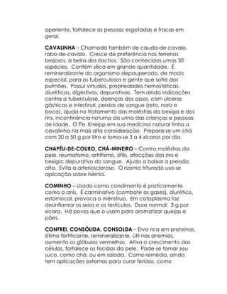 aperiente, fortalece as pessoas esgotadas e fracas em
geral.

CAVALINHA – Chamada também de cauda-de-cavalo,
rabo-de-cavalo. Cresce de preferência nos terrenos
brejosos, à beira dos riachos. São conhecidas umas 30
espécies. Contém sílica em grande quantidade. É
remineralizante do organismo depauperado, de modo
especial, para os tuberculosos e gente que sofre dos
pulmões. Possui virtudes, propriedades hemostáticas,
diuréticas, digestivas, depurativas. Tem ainda indicações
contra a tuberculose, doenças dos ossos, com úlceras
gástricas e intestinal, perdas de sangue (reto, nariz e
boca), ajuda no tratamento das moléstias da bexiga e dos
rins, incontinência noturna da urina das crianças e pessoas
de idade. O Pe. Kneipp em sua medicina natural tinha a
cavalinha na mais alta consideração. Prepara-se um chá
com 20 a 50 g por litro e toma-se 3 a 4 xícaras por dia.

CHAPÉU-DE-COURO, CHÁ-MINEIRO – Contra moléstias da
pele, reumatismo, artritismo, sífilis, afecções dos rins e
bexiga; depurativo do sangue. Ajuda a baixar a pressão
alta. Evita a arteriosclerose. O rizoma triturado usa-se
aplicação sobre hérnia.

COMINHO – Usado como condimento é praticamente
como o anis. É carminativo (combate os gases), diurético,
estomocal, provoca o mênstruo. Em cataplasma faz
desinflamar os seios e os testículos. Dose normal: 3 g por
xícara. Há povos que o usam para aromatizar queijos e
pães.

CONFREI, CONSÓLIDA, CONSOLDA – Erva rica em proteínas,
ótimo fortificante, remineralizante, útil nas anemias,
aumenta os glóbulos vermelhos. Ativa o crescimento das
células, fortalece os tecidos da pele. Pode-se tomar seu
suco, como chá, ou em salada. Como remédio, ainda
tem aplicações externas para curar feridas, como
 