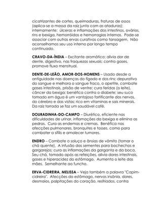 cicatrizantes de cortes, queimaduras, fraturas de ossos
(aplica-se a massa da raiz junto com as ataduras);
internamente: úlceras e inflamações dos intestinos, ovários,
rins e bexiga, hemorróidas e hemorragias internas. Pode-se
associar com outras ervas curativas como tansagem. Não
aconselhamos seu uso interno por longo tempo
continuado.

CRAVO-DA-ÍNDIA – Excitante aromático; alivia dor de
dente, digestivo, nas fraquezas sexuais; contra gases,
promove fluxo menstrual.

DENTE-DE-LEÃO, AMOR-DOS-HOMENS – Usado desde a
antiguidade nas doenças do fígado e dos rins; depurativo
do sangue e melhora o sangue fraco, o apetite, combate
gases intestinais, prisão de ventre; cura feridas (o leite),
câncer da bexiga; benéfica contra o diabete; seu suco
tomado em água é um vantajoso fortificante dos nervos,
do cérebro e das vistas; rico em vitaminas e sais minerais.
Da raiz torrada se faz um saudável café.

DOURADINHA-DO-CAMPO – Diurético, eficiente nas
dificuldades de urinar, inflamações da bexiga e elimina as
pedras. Cura as endemas e cremas. Benéfica nas
afecções pulmonares, bronquites e tosses, como para
combater a sífilis e amolecer tumores.

ENDRO – Combate o soluço e ânsias de vômito (tomar o
chá quente). A infusão das sementes para bochechos e
gargarejos; cura as inflamações da garganta e da boca.
Seu chá, tomado após as refeições, alivia dores intestinais,
gases e hiperacidez do estômago. Aumenta o leite das
mães. Semelhante ao funcho.

ERVA-CIDREIRA, MELISSA – Veja também a palavra "Capim-
cidreira". Afecções do estômago, nervos insônia, dores,
desmaios, palpitações do coração, resfriados, contra
 
