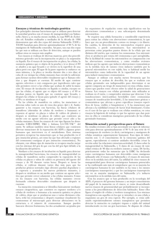 Ensayos y técnicas de toxicología genética
Los principales sistemas bacterianos que se utilizan para detectar
la toxicidad genética son el ensayo de mutagenicidad con Salmo-
nella (Ames) y, en mucha menor medida, la cepa WP2 de Escheri-
chia coli. Estudios realizados a mediados de la década de 1980
demostraron que sólo dos cepas del sistema Salmonella (TA98 y
TA100) bastaban para detectar aproximadamente el 90 % de los
mutágenos de Salmonella conocidos. Así pues, son esas dos cepas
las que más se utilizan con fines de detección, aunque se pueden
utilizar otras en ensayos más amplios.
Los ensayos se realizan de diversas maneras, pero dos procedi-
mientos generales son la incorporación en placa y la suspensión
en líquido. En el ensayo de incorporación en placa, las células, la
sustancia química que es objeto de la prueba y (si se desea) el S9
se añaden a un agar licuado y se vierten en la superficie de una
placa petri con agar. El agar de la parte superior se endurece en
unos minutos, y la placa se incuba durante dos o tres días; al
cabo de ese tiempo las células mutantes han crecido lo suficiente
para formar racimos detectables visualmente que se llaman colo-
nias y que después se cuentan. El medio de agar contiene
agentes selectivos o está compuesto por ingredientes tales que
sólo permiten crecer a las células que acaban de sufrir la muta-
ción. El ensayo de incubación en líquido es similar, excepto en
que las células, el agente que es objeto del ensayo y el S9 se
incuban juntos en líquido que no contiene agar licuado, y
después las células se lavan para quitarle el agente del ensayo y
el S9 y se siembran en el agar.
En las células de mamífero en cultivo, las mutaciones se
detectan sobre todo en uno de estos dos genes: hprt y tk. Análo-
gamente a los ensayos con bacterias, las líneas celulares de
mamíferos (obtenidas de células de roedores o humanas) se
exponen al agente en placas o tubos de cultivo de plástico y
después se siembran en placas de cultivo que contienen un
medio con un agente selectivo que permite crecer sólo a las
células mutantes. Entre los ensayos de este tipo figuran los deno-
minados CHO/HPRT, TK6 y linfoma L5178Y/TK+/− del
ratón. Se utilizan también otras líneas celulares que contienen
diversas mutaciones de la reparación del ADN y algunos genes
humanos que intervienen en el metabolismo. Esos sistemas
permiten recuperar las mutaciones que se han producido en el
gen (mutación génica), así como las que han afectado a regiones
del cromosoma contiguas al gen (mutación cromosómica). No
obstante, este último tipo de mutación se recupera mucho mejor
con los sistemas del gen tk que con los del gen hprt debido a la
localización del primero.
Similares a los ensayos de incubación en líquido para detectar
la mutagenicidad bacteriana, los ensayos de mutagenicidad en
células de mamíferos suelen comprender la exposición de las
células en placas o tubos de cultivo en presencia del agente del
ensayo y de S9 durante varias horas. Después se lavan las
células, se cultivan durante varios días más para que los
productos génicos normales (tipo silvestre) puedan degradarse y
se expresen y acumulen los nuevos productos mutantes, y
después se siembran en un medio que contiene un agente selec-
tivo que permite crecer solamente a las células mutantes. Como
en los ensayos con bacterias, las células mutantes crecen
formando colonias detectables visualmente que después se
cuentan.
La mutación cromosómica se identifica básicamente mediante
ensayos citogenéticos, que consisten en exponer roedores y/o
células de roedores o humanas a la sustancia química en placas
de cultivo, dejar que se produzcan una o varias divisiones celu-
lares, teñir los cromosomas y después examinar visualmente los
cromosomas al microscopio para detectar alteraciones en la
estructura o el número de cromosomas. Aunque pueden
buscarse diversos fenómenos, los dos actualmente aceptados por
los organismos de regulación como más significativos son las
aberraciones cromosómicas y una subcategoría denominada
micronúcleos.
Se requiere una sólida formación y considerable experiencia
para contar las células con aberraciones cromosómicas, lo que
hace que sea un procedimiento costoso en tiempo y en dinero.
En cambio, la detección de los micronúcleos requiere poca
formación, y puede automatizarse. Los micronúcleos se
presentan como pequeños puntos dentro de la célula que son
distintos del núcleo, que contiene los cromosomas. Los micronú-
cleos se producen por rotura del cromosoma o por aneuploidía.
Por la facilidad de contar los micronúcleos en comparación con
las aberraciones cromosómicas, y como estudios recientes
indican que los agentes que inducen aberraciones cromosómicas
en la médula ósea de ratones vivos inducen también por lo
general micronúcleos en este tejido, hoy es habitual medir los
micronúcleos como indicación de la capacidad de un agente
para inducir mutaciones cromosómicas.
Aunque se utilizan con mucha menos frecuencia que los
ensayos que se acaban de describir, los que se realizan con
células germinales son indispensables para determinar si un
agente comporta un riesgo de mutaciones en estas células, muta-
ciones que pueden tener efectos sobre la salud de generaciones
futuras. Los ensayos con células germinales más utilizados se
realizan en el ratón, y comprenden sistemas que detectan 1) las
translocaciones (intercambios) heredables entre cromosomas
(ensayo de translocación heredable), 2) las mutaciones génicas o
cromosómicas que afectan a genes específicos (ensayos especí-
ficos de locus, visibles o bioquímicos) y 3) las mutaciones que
afectan a la viabilidad (ensayo de factor letal dominante). Como
en el caso de los que se realizan con células somáticas, en estos
ensayos la hipótesis de trabajo es que los agentes que dan posi-
tivo en ellos se consideran mutágenos potenciales de las células
germinales humanas.
Situación actual y perspectivas para el futuro
En estudios recientes sólo se han necesitado tres tipos de informa-
ción para detectar aproximadamente el 90 % de una serie de 41
carcinógenos de roedores (es decir, carcinógenos y mutágenos de
células somáticas supuestamente humanos). Esos tipos de infor-
mación son: 1) el conocimiento de la estructura química del
agente, especialmente si contiene unidades electrófilas (véase la
sección sobre las relaciones estructura-actividad); 2) datos sobre la
mutagenicidad en Salmonella, y 3) datos de un ensayo de toxi-
cidad crónica de 90 días en roedores (ratones y ratas). De hecho,
prácticamente todas las sustancias que la IARC ha declarado
como carcinógenos humanos son detectables como mutágenos
utilizando sólo el ensayo con Salmonella y el ensayo de micronú-
cleos en la médula ósea del ratón. La utilidad de estos ensayos de
mutagenicidad para detectar carcinógenos humanos potenciales
se ha confirmado aún más al comprobarse que en su mayoría los
carcinógenos humanos lo son también en las ratas y los ratones
(carcinógenos transespecies) y que los carcinógenos transespecies
son en su mayoría mutágenos en Salmonella y/o inducen
micronúcleos en la médula ósea del ratón.
Con los avances que se han producido en la tecnología del
ADN, el proyecto del genoma humano y un mejor conocimiento
del papel de la mutación en el cáncer, se están desarrollando
nuevos ensayos de genotoxicidad que probablemente se incorpo-
rarán a los procedimientos de detección habituales. Entre ellos
figura el empleo de células y roedores transgénicos. Los sistemas
transgénicos son aquellos en los que se introduce en una célula u
organismo un gen de otra especie. Por ejemplo, se están utili-
zando experimentalmente ratones transgénicos que permiten
detectar la mutación en cualquier órgano o tejido del animal
introduciendo en éste un gen bacteriano. Se dispone de células
33.50 EVALUACION DE LA TOXICIDAD GENETICA ENCICLOPEDIA DE SALUD Y SEGURIDAD EN EL TRABAJO
HERRAMIENTAS Y ENFOQUES
 