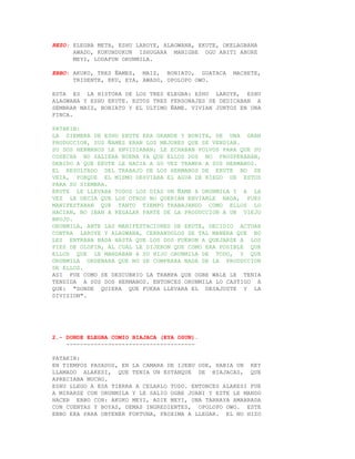 REZO: ELEGBA META, ESHU LAROYE, ALAGWANA, EKUTE, OKELAGBANA
      AWADO, KUKUNDUKUN ISHUGARA MANIGBE OGU ABITI ABURE
      MEYI, LODAFUN ORUNMILA.

EBBO: AKUKO, TRES ÑAMES, MAIZ, BONIATO, GUATACA     MACHETE,
      TRIDENTE, EKU, EYA, AWADO, OPOLOPO OWO.

ESTA ES LA HISTORA DE LOS TRES ELEGBA: ESHU LAROYE, ESHU
ALAGWANA Y ESHU EKUTE. ESTOS TRES PERSONAJES SE DEDICABAN A
SEMBRAR MAIZ, BONIATO Y EL ULTIMO ÑAME. VIVIAN JUNTOS EN UNA
FINCA.

PATAKIN:
LA SIEMBRA DE ESHU EKUTE ERA GRANDE Y BONITA, DE UNA GRAN
PRODUCCION, SUS ÑAMES ERAN LOS MEJORES QUE SE VENDIAN.
SU DOS HERMANOS LE ENVIDIABAN; LE ECHABAN POLVOS PARA QUE SU
COSECHA NO SALIERA BUENA YA QUE ELLOS DOS NO PROSPERABAN,
DEBIDO A QUE EKUTE LE HACIA A SU VEZ TRAMPA A SUS HERMANOS.
EL RESULTADO DEL TRABAJO DE LOS HERMANOS DE EKUTE NO SE
VEIA, PORQUE EL MISMO DESVIABA EL AGUA DE RIEGO DE ESTOS
PARA SU SIEMBRA.
EKUTE LE LLEVABA TODOS LOS DIAS UN ÑAME A ORUNMILA Y A LA
VEZ LE DECIA QUE LOS OTROS NO QUERIAN ENVIARLE NADA, PUES
MANIFESTABAN QUE TANTO TIEMPO TRABAJANDO COMO ELLOS LO
HACIAN, NO IBAN A REGALAR PARTE DE LA PRODUCCION A UN VIEJO
BRUJO.
ORUNMILA, ANTE LAS MANIFESTACIONES DE EKUTE, DECIDIO ACTUAR
CONTRA LAROYE Y ALAGWANA, CERRANDOLOS DE TAL MANERA QUE NO
LES ENTRABA NADA HASTA QUE LOS DOS FUERON A QUEJARSE A LOS
PIES DE OLOFIN, AL CUAL LE DIJERON QUE COMO ERA POSIBLE QUE
ELLOS QUE LE MANDABAN A SU HIJO ORUNMILA DE TODO, Y QUE
ORUNMILA ORDENARA QUE NO SE COMPRARA NADA DE LA PRODUCCION
DE ELLOS.
ASI FUE COMO SE DESCUBRIO LA TRAMPA QUE OGBE WALE LE TENIA
TENDIDA A SUS DOS HERMANOS. ENTONCES ORUNMILA LO CASTIGO A
QUE: "DONDE QUIERA QUE FUERA LLEVARA EL DESAJUSTE Y LA
DIVISION".




2.- DONDE ELEGBA COMIO BIAJACA (EYA OSUN).
    -------------------------------------

PATAKIN:
EN TIEMPOS PASADOS, EN LA CAMARA DE IJEBU ODE, HABIA UN REY
LLAMADO ALAKESI, QUE TENIA UN ESTANQUE DE BIAJACAS, QUE
APRECIABA MUCHO.
ESHU LLEGO A ESA TIERRA A CELARLO TODO. ENTONCES ALAKESI FUE
A MIRARSE CON ORUNMILA Y LE SALIO OGBE JUANI Y ESTE LE MANDO
HACER EBBO CON: AKUKO MEYI, ADIE MEYI, UNA TARRAYA AMARRADA
CON CUENTAS Y BOYAS, DEMAS INGREDIENTES, OPOLOPO OWO. ESTE
EBBO ERA PARA OBTENER FORTUNA, PROXIMA A LLEGAR. EL NO HIZO
 