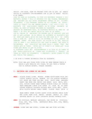 PEDIDO POR ESTE. OGBE KA PREPARO TODO CON LO QUE LE HABIA
PEDIDO AL ELEFANTE CONJUNTAMENTE CON LO QUE LE HABIA PEDIDO
A LA CABRA.
OGBE KA PARA AL ELEFANTE, LE PONE DOS MORTEROS DELANTE Y DOS
MORTEROS DETRAS Y ALLI LO ENCERRO CON UNA CADENA, MANDANDOLE
QUE METIERA LAS DOS PATAS DELANTERAS DENTRO DE LOS PILONES
DELANTEROS Y LAS TRASERAS DENTRO DE LOS PILONES DE ATRAS.
LUEGO LO CUBRIO CON UNA SABANA BLANCA, Y ASI POCO A POCO EL
ELEFANTE FUR ADQUIRIENDO TAMAÑO. AL NO ESTAR PRESENTE LA
CABRA, EL EBBO LO ESTABA HACIENDO EL ELEFANTE.
DESPUES DE TERMINADO TODO, EL ELEFANTE RECOGIO EL EBBO EN UN
FARDO Y SE PUSO EN CAMINO HACIA LA CASA DE LA CABRA.
POR EL CAMINO SE ENCONTRO CON ELEGBA QUE LE PREGUNTO QUE QUE
ERA LO QUE LLEVABA EN EL FARDO; EL ELEFANTE LE RESPONDIO QUE
UN EBBO QUE HABIA HECHO EN CASA DEL AWO OGBE KA Y LE CONTO
TODO A OGBE KA. ESTE LE DIJO: NO ESTARAS TU LOCO, QUERIA TU
TAMBIEN TENER UNA GRAN TALLA?. NO FUISTE TU EL QUE REALIZO
TODO EL EBBO Y LOS SACRIFICIOS QUE OGBE KA MANDO. AHI ESTA TU
RECOMPENZA, HAS ADQUIRIDO UNA GRAN TALLA Y AHORA ERES MAS
GRANDE QUE LA CABRA. DESDE HOY LE DIRAS A LA CABRA QUE ELLA
TIENE QUE HACER LO QUE TU DIGAS.
EL ELEFANTE LLEGO MUY APESADUMBRADO A LA CASA DE LA CABRA YA
QUE HABIA ADQUIRIDO UN CUERPO MUY VOLUMINOSO Y PESADO; LA
CABRA AL VERLO SE SORPRENDIO Y PREGUNTO: DESDE CUANDO TU TES
HAS VUELTO TAN GRANDE?.

Y SE ECHO A CORRER DEJANDOLO TODO AL ELEFANTE.

NOTA: TODO AWO QUE POSEA ESTE SIGNO NO DEBE MANDAR NUNCA A
      NADIE A QUE REALICE SUS COSAS, NI QUE VAYA A TRATAR
      POR EL NINGUN ASUNTO, PORQUE PERDERA.


3.- NACIERON LAS LINEAS DE LAS MANOS.
    --------------------------------

REZO : AILELE ATENI OJUMO MOKONI ADAWU NIPOYIRERE KOLA OKU
       LOKUNI AGBELE LOOJIN BUMBUN OPI OJO ADAFUN ORUNMILA
       OJO INSHE AWO OGBE IKA WEN NIKI ORUTO OGBE BAGUNDA
       KANTI OWA MUNU AKE IWOOBI ADA ABEBO ADIE MEYI, EKU,
       EYA, NITORI KIWON NABA NUÑELE NIBRIN TINLO OSI TUNIBO
       AWON BABALAWO LOWON SISE LEMPE KI OTUN WA NI EBBO
       AIKONU KONKOLE SHUGBON ONILATE MONI ILOPO MEYI ORUN-
       MILA OLOFIN GBOGBO IMALO ORANO OLORUN KALE ERIN A

       WARA BAWOS IRAWE OLOKUN OLARE OSUPA GBOGBO IMALE AINA
       EMI OLORI OKAN IPIN IMPORI GBOGBO ONONLO FI OGBO
       BAGUNDA MAGUN IDI ESHU LORDAFUN GBOGBO ORUNALE ESHU.

EBBO: UN CUCHILLO, METALES VARIADOS, UNA VAINA DE CUCHILLO,
      KOLA, ERU, OBI, OSUN, ABEBOADIE MEYI, EKU, EYA, AWADO,
      OPOLOPO OWO.

SUYERE: OJUMO AWO AWO RIREO, OJUNMO AWO AWO RIRE AJILOWA,
 