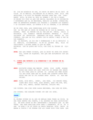 UN DIA EN AUSENCIA DE ODE, SU OBINI SE METIO EN EL SACO DE
VIAJE DE SU MARIDO, VALIENDOSE DE SU MAGIA, PUES ELLA ERA
HECHICERA Y LE HIZO UN PEQUEÑO AGUJERO PARA VER. ODE IGNO-
RANDO ESTO, SE ECHO EL SACO AL HOMBRO Y SE FUE A CAZAR.
SU MUJER VIO TODO LO QUE ODE HACIA; SALIENDO DE SU ESCONDITE
Y ESPERANDO QUE EL SE MARCHARA, REALIZO LA MISMA OPERACION,
PERO SE ENTRETUVO MIRANDO LOS TESOROS Y LLEGARON LOS AGBANIS
Y LA COGIERON PRESA. LA ATARON A UN IGI ARAGBA, A LA ENTRADA

DE UN JORO JORO, QUE COMUNICABA AIYE CON OLORUN.
ODE AL VER QUE SU OBINI NO ESTABA EN SU ILE AL REGRESO, LA
ESPERO, PERO AL TERCER DIA AL VER QUE NO VENIA, SALIO A
BUSCARLA. LOS AGBANIS HABIAN ACORDADO MATARLA Y        ELLOS
SALIERON EN PROCESION, DANZANDO CON ELLA DENTRO DE LOS
CUERNOS. ODE QUE LA VIO, APUNTO CON SU AKOFA Y MATO A UNO DE
LOS AGBANIS.
ODE LA RESCATO, LE DIO ORO Y ESMERALDAS Y SE LA DEVOLVIO A
LA FAMILIA, DICIENDOLES: YO NO LA QUIERO MAS, ELLA ES
INDISCRETA Y QUIERE SABER LO QUE NO DEBE.
ENTONCES ODE SE QUEDO MUY RICO, CON TODO EL TESORO DE OLO-
RUN.

NOTA: HAY QUE TENER CUIDADO, QUE LA OBINI NO SEPA SUS SECRE-
      TOS. ODDUN DE RIQUEZAS. HAY QUE SER ESPLENDIDO CON LAS
      OBINI.


7.- DONDE OBA DETESTO A LA HUMANIDAD Y SE INTERNO EN EL
    MONTE./ -------------------------------------------
    -----

REZO: ADIFAFUN AYABA OBA MANIBU YAKUA SILE ODOÑE ASHABA
      NIADA ADA OGGUN OFO LERI TOKU EYI NI GBOGBO ENI ARAYE
      NI OFO TURA LADE NI LATIBA NI LATIBA OSA UMBO ELESE
      IGI ERO ESON LABA ERO NI ADIMU OBA LODAFUN OSHUN MORI
      YEYEO OBA OFO AI OTI AYRANI ENYA ASHIRI NI ADA OBA
      ORISHA.

EBBO: EURE, ADIE MEYI, APERI, ADA OKAN, IGI MORURO OKAN,
      ILEKE MEYI ROJO VINO, ASHO AKUERI, ASHO FUN FUN, EKU,
      EYA, EPO, AWADO, GBOGBO TENUYEN, OPOLOPO OWO.

1ER SUYERE: OBA SIBO EURE ALADA MEKINEWO, OBA SOBO RE EURE.

2DO SUYERE: OBA ADALOWO KINOWO IKU ARE IKI EURE.

INSHE:
-----
EL PRIMER SUYERE ES EL QUE SE EMPLEA PARA TRAER LA CHIVA DE
OBA PARA DENTRO DEL CUARTO, Y EL SEGUNDO ES PARA SACRIFICAR-
LA. EN ESTE ODDUN ES MUY IMPORTANTE Y NECESARIO QUE EL AWO
TENGA OBA PARA REALIZAR ESTA OBRA O CEREMONIA. SE LE DA A
OBA LA EURE Y SE LE CORTA LA OREJA DERECHA. ESTA OREJA SE
MANDA A CURTIR Y SE PONDRA CON LOS ILEKE ROJO VINO PARA QUE
 