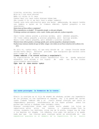 11


Liimiiko, miimiiko, ierimiikoo
Moje wo o bon wood shoromi
Memo tii miiko ia fi owun
Oyekun meyi yio owun nukon mimiaye kobem bem
Omo tounba ti bi ni wa kati teun a ankpe lademini
Cuando sale esta adivinacion para una mujer embarazada, de seguro tendra
una hembra a quien se le llamara adenimi. Oyekun pregunto a sus
seguidores:
Quien tiene un fisico rollizo y corpulento?
Ellos respondieron, es ejiogbe?. El respondio ejiogbe es alto pero delgado.
El dialogo continuo con respecto a otros cuatro olodus, para cada uno, oyekun respondio:

Iwori tiene cabeza grande y piernas gordas, pero abdomen pequeño.
Idi tiene cabeza pequeña y piernas pequeñas, pero barriga grande.
Obara tiene cabeza pequeña, pero abdomen y piernas grandes.
Okonron tiene cabeza grande y estomago grande, pero piernas pequeñas y desproporcionadas.
Oyekun meyi entonces alardeo de que no habia ningun otro olodu con un fisico simetrico de la cabeza a los
  pies.

Es solo el, oyekun meyi, el que esta dotado de un cuerpo fornido desde
arriba hasta abajo. Entonces proclamo que cualquiera que naciera rante
este tiempo se le deberia
Llamar adenimi (“la corona rolliza y corpulenta”).
La significacion de este elogio egocentrico solo se     puede apreciar
echandole otra mirada a los signos       de    cada uno de los olodus
anteriormente mencionados.
Ogbe iwori idi obara okonron oyekun

i     0     i    i     0      0
i     i    0     0     0      0
i     i    0     0     0      0
i     0     i    0      i     0




Los siete principes: la formacion de la tierra.
----------------------------------------------

Blecio la oraniyan es el hijo de akambi de oduduwa, primer rey legendario
de los yorubas, el fue igualmente el segundo rey y el padre del tercer
oyaka llamado tambien ada y el      cuarto shango oraniyan que tenia un
temperamento guerrero    estasoberania de los reyes yorubas     sobre los
paises que tenian a oduduwa como concepto comun.
Algunas concepciones dicen que cuando murio akambi los hijos se
repartieron entre    ellos    los  tesoros   y   riquezas.ologbo tuvo la
corona, alakentu los vestidos, ojise rey de la plata, oragun rey de ilea
y los mayores oni shagba    los rebaños, oluo popo las perlas y no quedo
nada mas que    las tierras para oraniyan quien se encontraba en       una
expedicion guerrera en el momento de la reparticion. El se          mostro
 