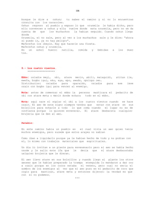 108


bosque le dice a     oshun;   tu sabes el camino y si no lo encuentras
consulta con los caracoles.
Oshun regreso al pueblo y expuso lo que orunmila le habia dicho, pero
ello convencen a oshun y ella vuelve donde esta orunmila, pero no se da
cuenta de    que   los muchachos    la habian seguido. Cuando oshun llega
donde
Orunmila, el no sale, pero al ver a los muchachos sale y le dice: “ahora
si puedo ir, ya no hay peligro”.
Maferefun los ibeyis. Hay que hacerle una fiesta.
Maferefun oshun y orunmila.
En   un   arbol   hueco:   natilla,    comida  y   bebidas  a   los  muer
tos.




9.- Los cuatro vientos.
    ------------------

Ebbo: osiadie meyi, obi, atare merin, abiti, malaguidi,       atitan ile,
ewefa, bogbo igui, eku, eya, epo, awado, opolopo owo.
Distribucion:   osiadie    para   oparaldo,   osiadie para     ese   lese
ozain con bogbo igui para vencer al enemigo.

Nota: antes de comenzar el ebbo la    persona  masticara el   pedacito de
obi con atare meta o merin donde echara   todo en el ebbo.

Nota: aqui nace el soplar el obi a los cuatro vientos cuando    se hace
ozain. El awo de este signo siempre tendra que  estar con atare en sus
bolsillos para echarle a todo    lo que coma cuando  el lugar no es de
confianza porque lo quieren envenerar. El atare desbarata cualquier
brujeria que le den al awo.


Patakin:

En este camino habia un pueblo en      el cual vivia un awo quien tenia
muchos enemigos, pero sucede que estos arayes no sabian

Como iban a liquidarlo porque ya le habian hecho de todo y no podian con
el, lo mismo con trabajos materiales que espirituales.

Un dia lo invitan a un plante para envenenarlo pero el awo se habia hecho
osode y le salio este ifa que     le   decia  que   el atare desbarataba
ualquier brujeria que le dieran.

El awo llevo atare en sus bolsillos y cuando llego al plante los otros
awoses que le habian preparado la trampa enseguida lo mandaron a dar oco
a ozain porque en los cocos estaba     el veneno, pero cual no seria el
sombro de los enemigos al ver que el awo puso en el pedacito de coco que
cogio para   masticar, atare meta y entonces dijeron: la verdad es que
con el no podemos.
                                   +++
 