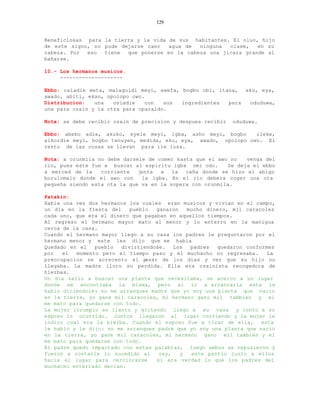 129


Beneficiosas para la tierra y la vida de sus habitantes. El oluo, hijo
de este signo, no pude dejarse caer   agua de  ninguna  clase,   en su
cabeza. Por  eso  tiene  que ponerse en la cabeza una jicara grande al
bañarse.

10.- Los hermanos musicos.
     --------------------

Ebbo: osiadie meta, malaguidi meyi, ewefa, bogbo obi, itana,  eku, eya,
awado, abiti, ekan, opolopo owo.
Distribucion:   una   osiadie   con   sus  ingredientes  para  oduduwa,
una para ozain y la otra para oparaldo.

Nota: se debe recibir ozain de precision y despues recibir   oduduwa.

Ebbo: abebo adie, akuko, eyele meyi, igba, asho meyi, bogbo      ileke,
aikordie meyi, bogbo tenuyen, medida, eku, eya, awado, opolopo owo. El
resto de las cosas se llevan para ile losa.

Nota: a orunmila no debe darsele de comer hasta que el awo no   venga del
rio, pues este fue a buscar al espiritu igba omi odo.     Se deja el ebbo
a merced de la    corriente   junta   a  la  caña donde se hizo el abigo
borulomalo donde el awo con     la igba. En el rio debera coger una ota
pequeña siendo esta ota la que va en la sopera con orunmila.

Patakin:
Habia una vez dos hermanos los cuales eran musicos y vivian en el campo,
un dia en la fiesta del     pueblo   ganaron   mucho dinero, mil caracoles
cada uno, que era el dinero que pagaban en aquellos tiempos.
Al regreso el hermano mayor mato al menor y lo enterro en la manigua
cerca de la casa.
Cuando el hermano mayor llego a su casa los padres le preguntaron por el
hermano menor y este les dijo que se habia
Quedado en el   pueblo   divirtiendose.    Los  padres  quedaron conformes
por   el  momento pero el tiempo paso y el muchacho no regresaba.       La
preocupacion se acrecento al p   asar de los dias y ver que su hijo no
llegaba. La madre lloro su perdida. Ella era ozainista recogedora de
hierbas.
Un dia salio a buscar una planta que necesitaba, se acerco a un lugar
donde se encontraba la misma, pero al ir a arrancarla esta le
hablo diciendole: no me arranques madre que yo soy una planta que nacio
en la tierra, yo gane mil caracoles, mi hermano gano mil tambien y el
me mato para quedarse con todo.
La mujer irrumpio en llanto y gritando llego a su casa y conto a su
esposo lo ocurrido. Juntos llegaron al lugar corriendo y la mujer le
indico cual era la hierba. Cuando el esposo fue a tirar de ella,      esta
le hablo y le dijo: no me arranques padre que yo soy una planta que nacio
en la tierra, yo gane mil caracoles, mi hermano gano mil tambien y el
me mato para quedarse con todo.
El padre quedo impactado con estas palabras, luego ambos se repusieron y
fueron a contarle lo sucedido al      rey,   y  este partio junto a ellos
hacia el lugar para cerciorarse      si era verdad lo que los padres del
muchacho enterrado decian.
 