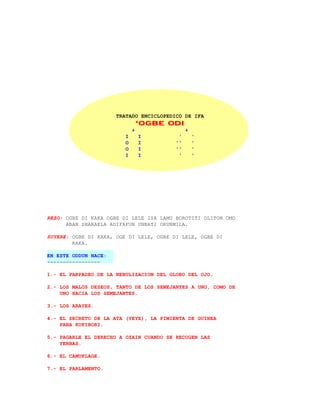 TRATADO ENCICLOPEDICO DE IFA
                                 *OGBE ODI
                             +                +
                         I       I        '       '
                         O       I       ''       '
                         O       I       ''       '
                         I       I        '       '




REZO: OGBE DI KAKA OGBE DI LELE IYA LAMU BOROTITI OLITON OMO
      ABAN SHARAELA ADIFAFUN UNBATI ORUNMILA.

SUYERE: OGBE DI KAKA, OGE DI LELE, OGBE DI LELE, OGBE DI
        KAKA.

EN ESTE ODDUN NACE:
-----------------

1.- EL PARPADEO DE LA NEBULIZACION DEL GLOBO DEL OJO.

2.- LOS MALOS DESEOS, TANTO DE LOS SEMEJANTES A UNO, COMO DE
    UNO HACIA LOS SEMEJANTES.

3.- LOS ARAYES.

4.- EL SECRETO DE LA ATA (YEYE), LA PIMIENTA DE GUINEA
    PARA KOFIBORI.

5.- PAGARLE EL DERECHO A OZAIN CUANDO SE RECOGEN LAS
    YERBAS.

6.- EL CAMUFLAGE.

7.- EL PARLAMENTO.
 
