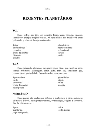 Tabelas
REGENTES PLANETÁRIOS
SOL
Essas pedras são úteis em assuntos legais, cura, proteção, sucesso,
iluminação, energias mágica e física. As velas usadas nos rituais com essas
pedras são geralmente laranja ou douradas.
âmbar olho-de-tigre
calcita laranja pedra-cachimbo
cornalina pedra-do-sol
cristal de quartzo topázio
diamante zircão
enxofre
LUA
Essas pedras são adequadas para emprego em rituais que envolvam sono,
sonhos proféticos, jardinagem, amor, cura, mar, lar, fertilidade, paz,
compaixão e espiritualidade. Cores das velas: branca ou prata.
água-marinha pedra-da-lua
berilo pérola
calcedônia safira
cristal de quartzo selenita
madrepérola
MERCÚRIO
Essas pedras são usadas para reforçar a inteligência e para eloqüência,
divinação, estudos, auto-aperfeiçoamento, comunicação, viagem e sabedoria.
Cor da vela: amarela.
ágata mica
aventurina pedra-pomes
jaspe mosqueado
193
 