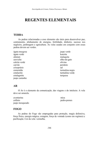 Enciclopédia de Cristais, Pedras Preciosas e Metais
REGENTES ELEMENTAIS
TERRA
As pedras relacionadas a esse elemento são úteis para desenvolver paz,
centramento, alinhamento de energias, fertilidade, dinheiro, sucesso nos
negócios, jardinagem e agricultura. As velas usadas em conjunto com essas
pedras devem ser verdes.
ágata musgosa jaspe verde
ágata verde kunzita
alúmen malaquita
azeviche olho-de-gato
calcita verde olivina
carvão peridoto
crisoprásio sal
esmeralda turmalina negra
estalactite turmalina verde
estalagmite turquesa
jaspe castanho
AR
O Ar é o elemento da comunicação, das viagens e do intelecto. A vela
deve ser amarela.
aventurina mica
esfênio pedra-pomes
jaspe mosqueado
FOGO
As pedras do Fogo são empregadas para proteção, magia defensiva,
força física, energia mágica, coragem, força de vontade (como em regimes) e
purificação. Cor da vela: vermelha.
196
 