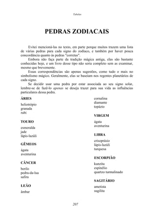 Tabelas
PEDRAS ZODIACAIS
Evitei mencioná-las no texto, em parte porque muitos trazem uma lista
de várias pedras para cada signo do zodíaco, e também por haver pouca
concordância quanto às pedras "corretas".
Embora não faça parte da tradição mágica antiga, elas são bastante
conhecidas hoje, e um livro desse tipo não seria completo sem as examinar,
mesmo que brevemente.
Essas correspondências são apenas sugestões, como tudo o mais no
simbolismo mágico. Geralmente, elas se baseiam nos regentes planetários de
cada signo.
Se decidir usar uma pedra por estar associada ao seu signo solar,
lembre-se de fazê-lo apenas se deseja trazer para sua vida as influências
particulares dessa pedra.
ÁRIES
heliotrópio
granada
rubi
TOURO
esmeralda
jade
lápis-lazúli
GÊMEOS
ágata
aventurina
CÂNCER
berilo
pedra-da-lua
safira
LEÃO
âmbar
cornalina
diamante
topázio
VIRGEM
ágata
aventurina
LIBRA
crisoprásio
lápis-lazúli
turquesa
ESCORPIÃO
kunzita
espinélio
quartzo turmalinado
SAGITÁRIO
ametista
sugilita
207
 