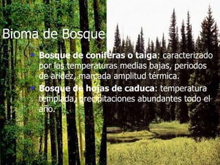 Bioma de Bosque: Bosque de coniferas o taiga : caracterizado por las temperaturas medias bajas, periodos de aridez, marcada amplitud térmica. Bosque de hojas de caduca : temperatura templada, precipitaciones abundantes todo el año. 