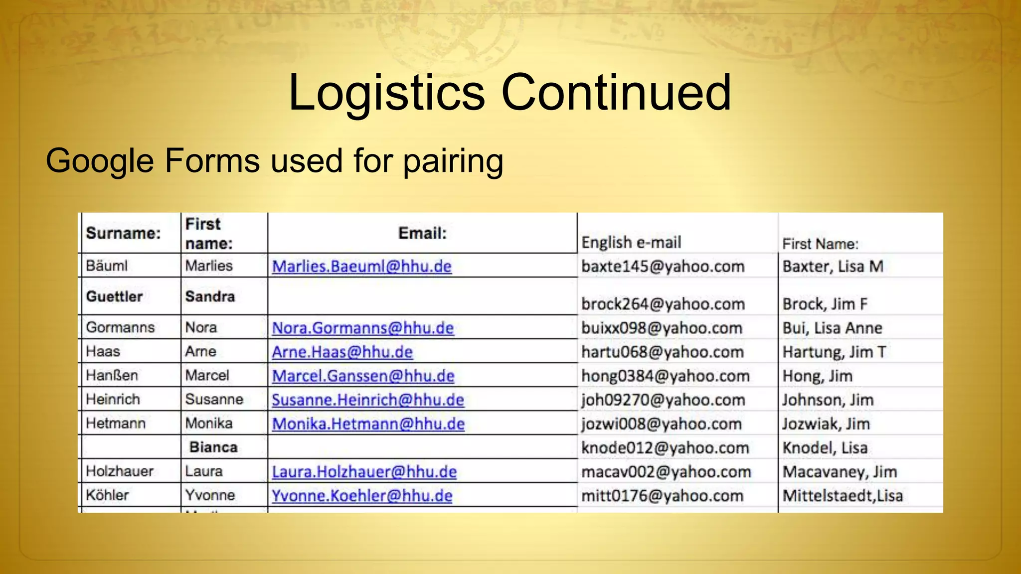Logistics Continued
Google Forms used for pairing
 