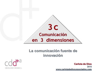 3c
     Comunicación
 en 3 dimensiones

La comunicación fuente de
      innovación

                             Carlota de Dios
                                         2010
             www.carlotadediosyasociados.com
 