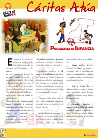 PROGRAMA DE INFANCIA
l programa de Infancia se
promueve y coordina desde
Cáritas Diocesana y todas las
Parroquias del Arciprestazgo II de
Albacete.
Con este programa se pretende la
promoción social, prevención y
acompañamiento para los niños y niñas
en edades comprendidas entre los 4 y
18 años ; de los barrios de Carretas,
Huerta de Marzo , Hospital, Hermanos
Falcó y Plaza de Miguel Ángel Blanco.
Las principales líneas de trabajo se
resumen en dos:
- Formar, informar, integrar, educar,
prevenir, acompañar y promover
socialmente a los niños y familias de
nuestros barrios para que desarrollen al
máximo sus capacidades y
potencialidades, superando las
desventajas que se encuentran en el
entorno que les rodea.
- Sensibilizar, concienciar y denunciar
socialmente la situación en la que se
encuentra la infancia en estos barrios.
Actualmente atendemos a 162
menores de 4 a 17 años, aunque desde
el Programa de Infancia trabajamos
también con las familias haciendo sobre
todo hincapié en el aspecto social,
familiar, escolar/laboral, económico,
sanitario y atendiendo además el ocio y
el tiempo libre de los menores.
Trabajando todas estas áreas se
lleva a cabo una educación integral que
contempla tanto la educación formal
como la informal.
Las actividades que comprenden el
programa y en las que participan los
voluntarios se realizan en los Centro de
Hermanos Falcó y Carretas,
desarrollándose de lunes a sábado y
son:
- Apoyo escolar; pretende
fomentar los hábitos de estudio y
motivación hacia el aprendizaje. Las
sesiones se realizan de forma individual
o en grupos reducidos en función de las
necesidades de los niños.
- Ocio y Tiempo libre; su
objetivo principal es educar en hábitos,
valores y conductas a través del juego
mediante actividades como talleres,
juegos y dinámicas.
- Actividades deportivas y
expresión corporal (fútbol sala y baile):
además de perseguir la educación en
valores también se trabajan hábitos
saludables de higiene y salud, trabajo
en equipo, etc.
E
 