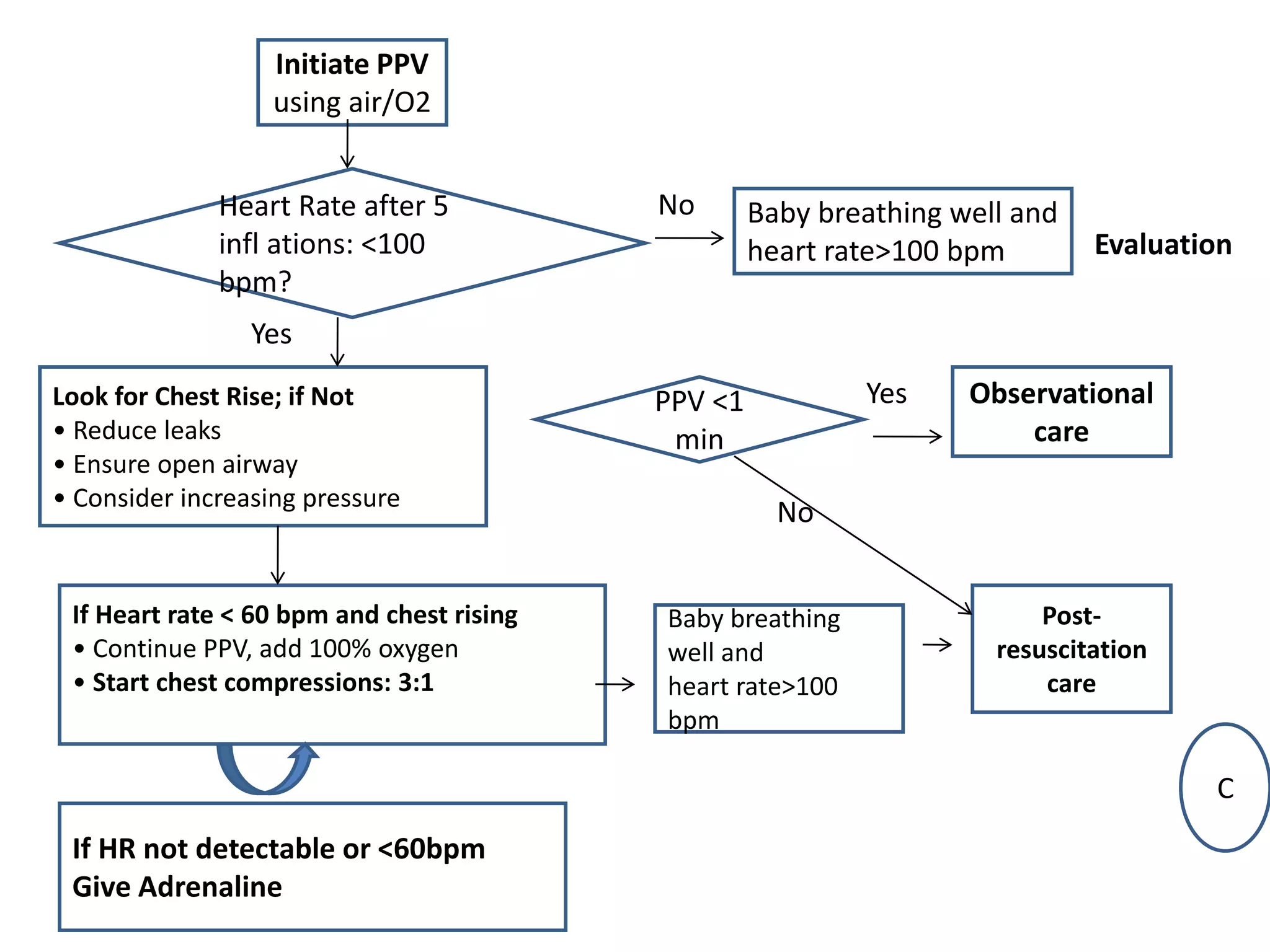 Initiate PPV
using air/O2
Heart Rate after 5
infl ations: <100
bpm?
Baby breathing well and
heart rate>100 bpm
Look for Chest Rise; if Not
• Reduce leaks
• Ensure open airway
• Consider increasing pressure
If Heart rate < 60 bpm and chest rising
• Continue PPV, add 100% oxygen
• Start chest compressions: 3:1
Baby breathing
well and
heart rate>100
bpm
Post-
resuscitation
care
PPV <1
min
Observational
care
Evaluation
C
Yes
No
Yes
No
If HR not detectable or <60bpm
Give Adrenaline
 