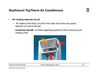 Roofmount TopTherm Air Conditioners


•   Air routing external circuit
     •    Air intake at the front, air exit to the side and to the rear panel;
                              front
          optional: air exit to the top.
         - Customer benefit: no limits regarding position of the enclosure and
           cooling units
                   units.




Climate Control Overview              Product Management, Rev 3                  12
 