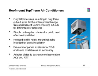 Roofmount TopTherm Air Conditioners

•     Only 3 frame sizes, resulting in only three
      cut out sizes for the entire product range
      Customer benefit: uniform mounting cut-outs
      for different power categories
•     Simple rectangular cut-outs for quick, cost
          p          g                q    ,
      effective installation
•     No need to drill holes, mountings tabs
      included for quick installation
•     Pre-cut roof panels available for TS-8
      enclosure available as an accessory
•     Adapter plates to exchange old generation
      ACs thru RTT


Climate Control Overview        Product Management, Rev 3   13
 