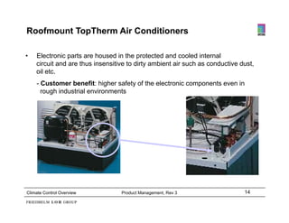 Roofmount TopTherm Air Conditioners

•   Electronic parts are housed in the protected and cooled internal
    circuit and are thus insensitive to dirty ambient air such as conductive dust,
    oil etc.
     il t
    - Customer benefit: higher safety of the electronic components even in
      rough industrial environments




Climate Control Overview          Product Management, Rev 3                   14
 