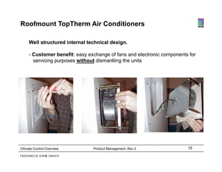 Roofmount TopTherm Air Conditioners

     Well structured internal technical design.

     -C t
      Customer b benefit: easy exchange of fans and electronic components for
                      fit         h      ff       d l t i              t f
      servicing purposes without dismantling the units




Climate Control Overview        Product Management, Rev 3                15
 