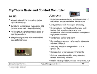 TopTherm Basic and Comfort Controller

BASIC                                           COMFORT
• Visualization of the operating status         •   Digital temperature display and visualization of
                                                    the current enclosure internal temperature
  by a LED display
• Switching temperature hysteresis: 5 K         •   All system and fault messages on display
  (temperature switching differential)          •   System alarm, individually configurable for 2
                                                    floating fault signal contacts (e.g. over
• Floating fault signal contact in case of          temperature,
                                                    temperature compressor overload or refrigerant
  over temperature                                  high pressure alarm)
• Set-point adjustable from the outside         •   Condensate sensor and alarm
  by a potentiometer
                                                •   Set point
                                                    Set-point programming via keypad or diagnosis
                                                    software (RiDiag)
                                                •   Switching temperature hysteresis: 2-10 K
                                                    (preset 5 K)
                                                •   Storage of all system states in the log file
                                                •   Optional extension card for integration into
                                                    remote monitoring systems
                                                •   Master l
                                                    M t slave operation possible f up t 10 ACs
                                                                   ti       ibl for   to   AC
Climate Control Overview              Product Management, Rev 3                              18
 