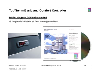 TopTherm Basic and Comfort Controller

RiDiag program for comfort control
 Diagnosis software for fault message analysis




Climate Control Overview       Product Management, Rev 3   23
 