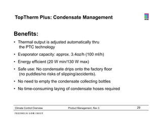 TopTherm Plus: Condensate Management


Benefits:
• Thermal output is adjusted automatically thru
  the PTC technology
• Evaporator capacity: approx 3 4oz/h (100 ml/h)
                       approx. 3.4oz/h
• Energy efficient (20 W min/130 W max)
• Safe use: No condensate drips onto the factory floor
  (no puddles/no risks of slipping/accidents).
• No need to empty the condensate collecting bottles
• No time-consuming laying of condensate hoses required



Climate Control Overview     Product Management, Rev 3    29
 