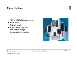 Panel Heaters




   10W to 1,000W thermal output
   Panel mount
   DIN rail mount
   Protect electronics from
    temperature swings
   Condensation protection




Climate Control Overview      Product Management, Rev 3   35
 