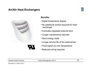 Air/Air Heat Exchangers

                              Benefits:
                              • Digital   temperature display
                              • No additional control required for heat-
                                exchanger
                              • Controller reg lated e ternal fans
                                Controller-regulated external
                              • Longer maintenance intervals
                              • Save energy costs
                                         gy
                              • Longer service life of the external fan
                              • Fault signal via over temperature
                              • Reduced wiring required




Climate Control Overview   Product Management, Rev 3                      39
 