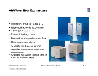 Air/Water Heat Exchangers



 Wallmount: 1 025 to 15 368 BTU
             1,025 15,368
 Roofmount: 6,403 to 10,246 BTU
• 115 V, 230V, (400 V 1~)
 Electronic leakage control
 Solenoid valve regulates water flow
 Over temperature alarm
 Available with basic or comfort
  controller (same controller options as RTT
  air conditioners)
• Available with water-bearing parts in
  CuAL or stainless steel


Climate Control Overview              Product Management, Rev 3   40

                                                                       498
 